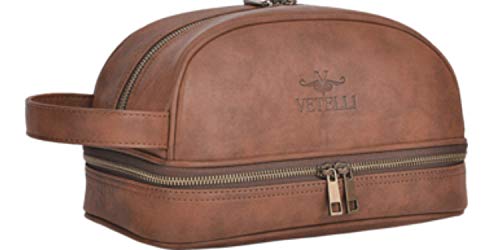 Vetelli Leather Toiletry Bag For Men. Our Dopp Kit comes with 2 Silicone Travel Bottles and is a perfect gift and travel accessory for men