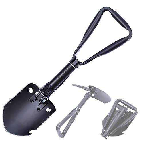 REDCAMP Military Folding Camping Shovel，High Carbon Steel Entrenching Tool Tri-fold Handle Shovel with Cover,Black 2.61lbs