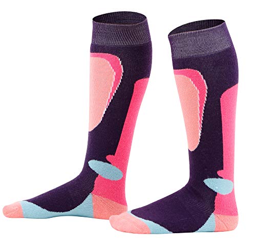 Halconia Girls Merino Wool Ski Socks Full Terry Skiing Socks, Coral/Pink/Aqua/Purple,M