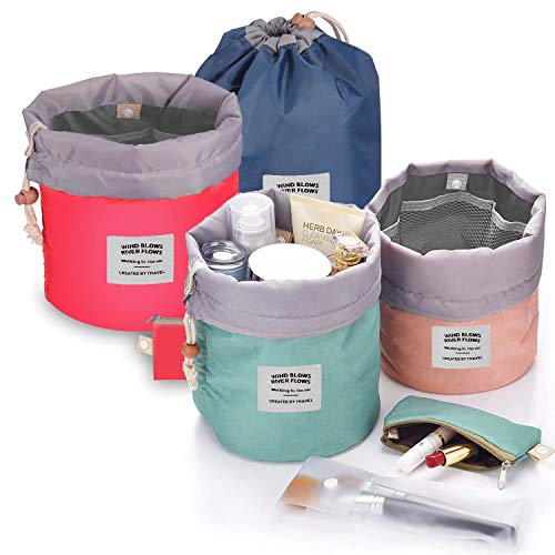 Counting Mars 4 Pieces Barrel Shaped Travel Makeup Bags, Large Capacity Soft Waterproof Portable Drawstring Cosmetic Bag