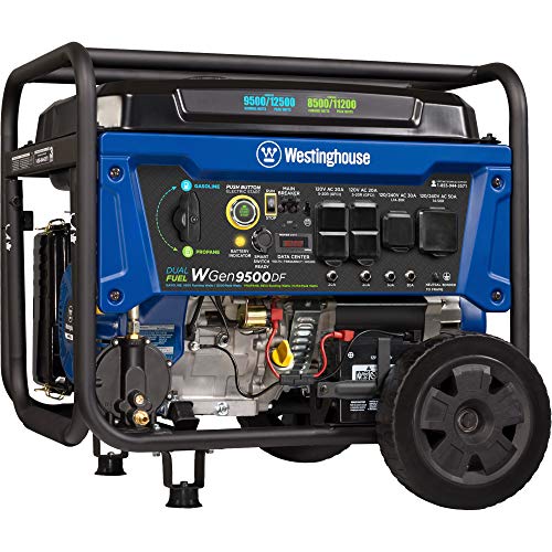 Westinghouse Outdoor Power Equipment WGen9500DF Dual Fuel Portable Generator-9500 Rated 12500 Peak Watts Gas or Propane Powered-Electric Start-Transfer Switch & RV Ready, CARB Compliant