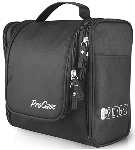 ProCase Toiletry Bag with Hanging Hook, Organizer for Travel Accessories, Makeup, Shampoo, Cosmetic, Personal Items, Bathroom Storage with Hanging, Large, Black