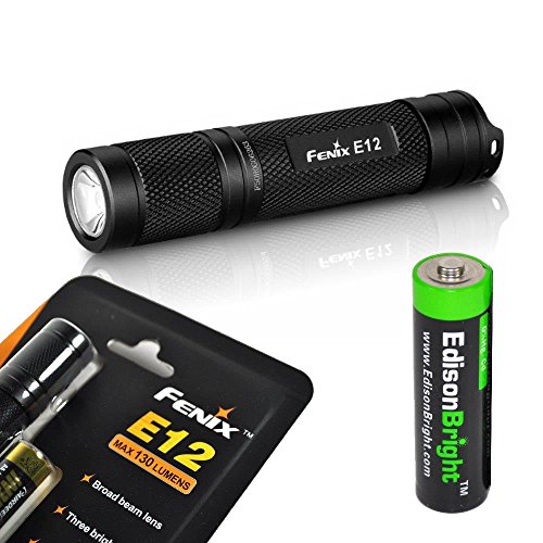 Fenix E12 CREE XP-E2 130 Lumen LED flashlight with EdisonBright AA alkaline battery. Upgraded from E11