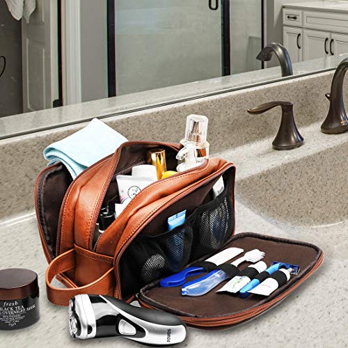 Leather Toiletry Bag for Men,Large Capacity Waterproof Travel Dopp Kit with Sturdy Handle,Travel Organizer for Toiletries, Travel Bag for Dad/Men/Husband