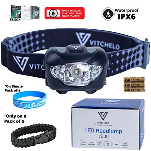 VITCHELO V800 Headlamp Flashlight with White and Red LED Lights. Super Bright Head Light & Waterproof. 3 AAA Batteries Included Best for Trail Running Jogging Camping Hiking Hunting Reading Mechanic