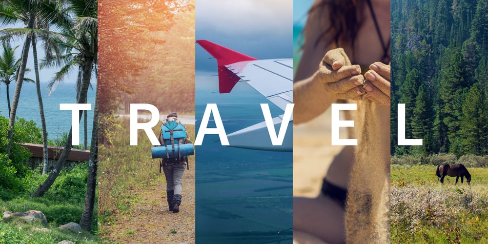 A collage of of a variety of travel sceneries.